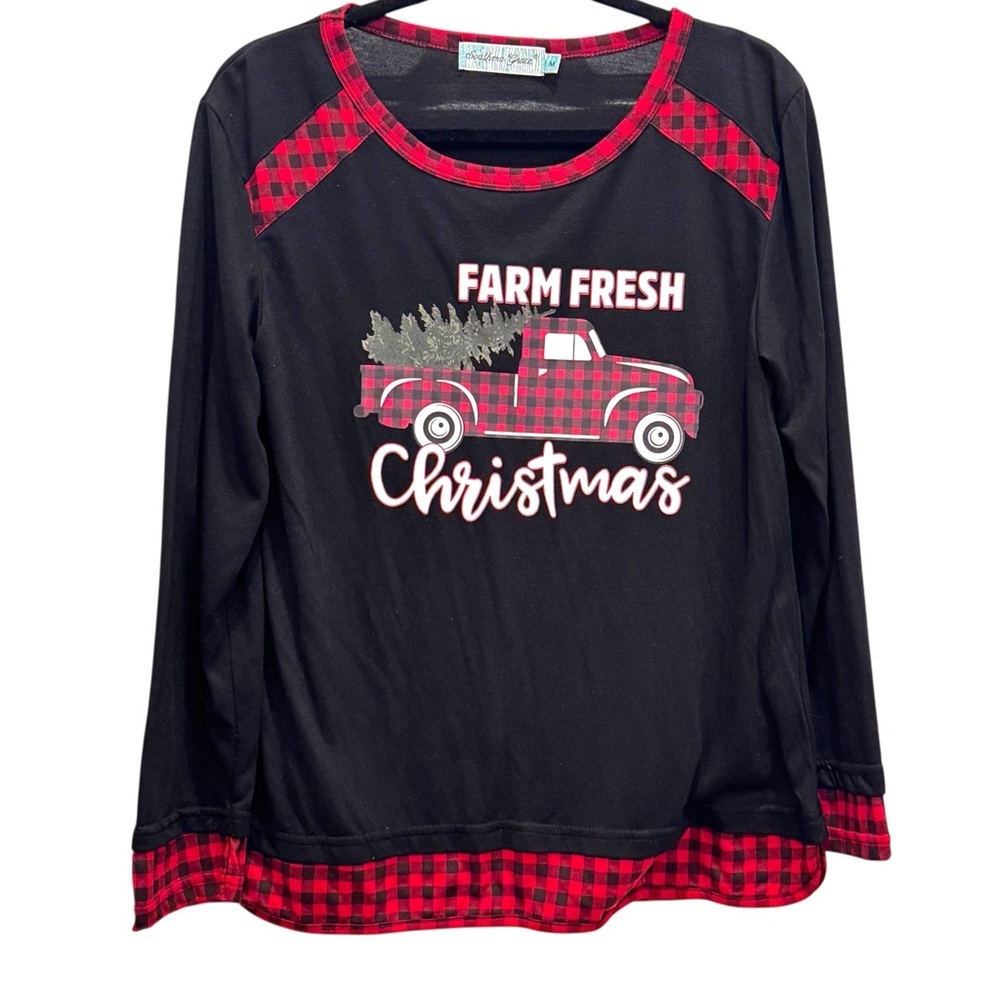 Southern Grace Size M Black Long Sleeve “Farm Fresh Christmas” Buffalo Check